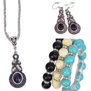 Black Vintage Style Crystal Silver Earrings Bracelet & Necklace Set